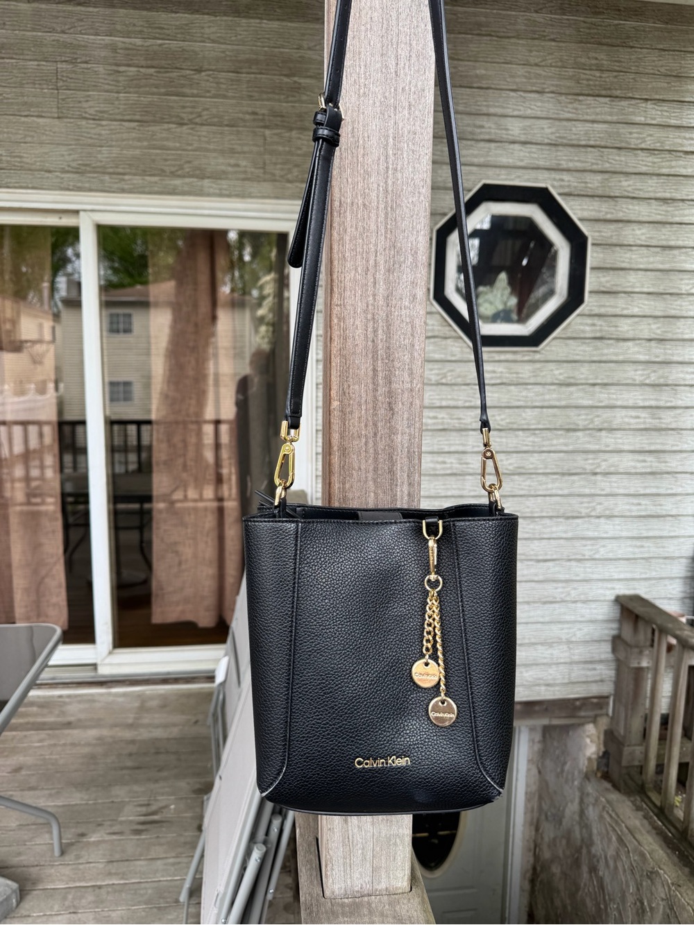 Calvin Klein Black Pebbled Leather Crossbody with Gold Accents
